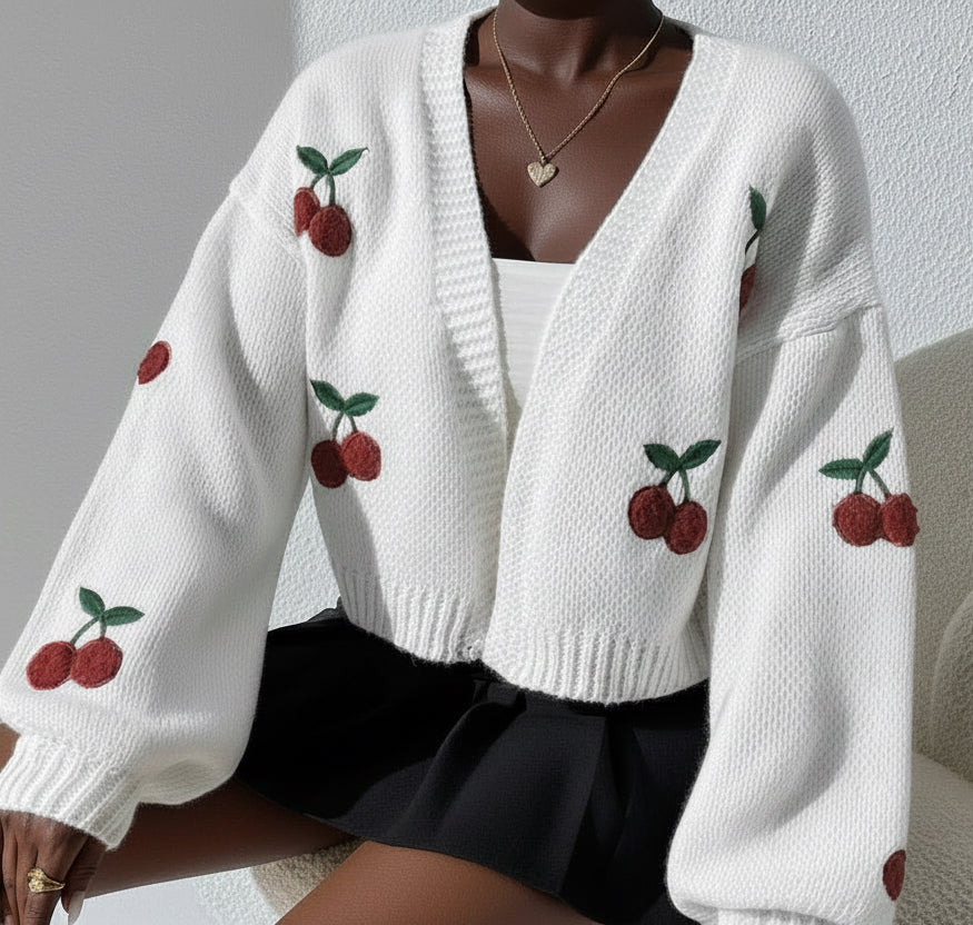 Fashionable Low Shoulder Cherry Embroidery Pattern Cardigan Commuter Sweater Women'S Loose Jacket Knitted Sweater