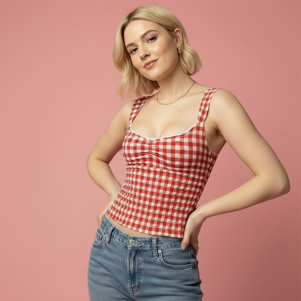 Y2K Summer Tops for Women Sweet Clothing Plaid Print Lace Trim Sleeveless T Shirts Vest 2000S Clothing Streetwear