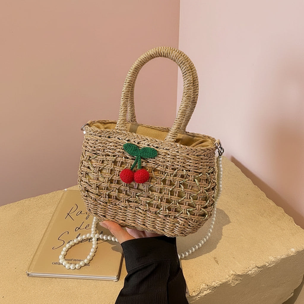 Cute Cherry Deco Shoulder Bag Small Basket Bag Funny Paper Weave Women Handbags Handmade Summer Beach Bag Mini Bali Purses