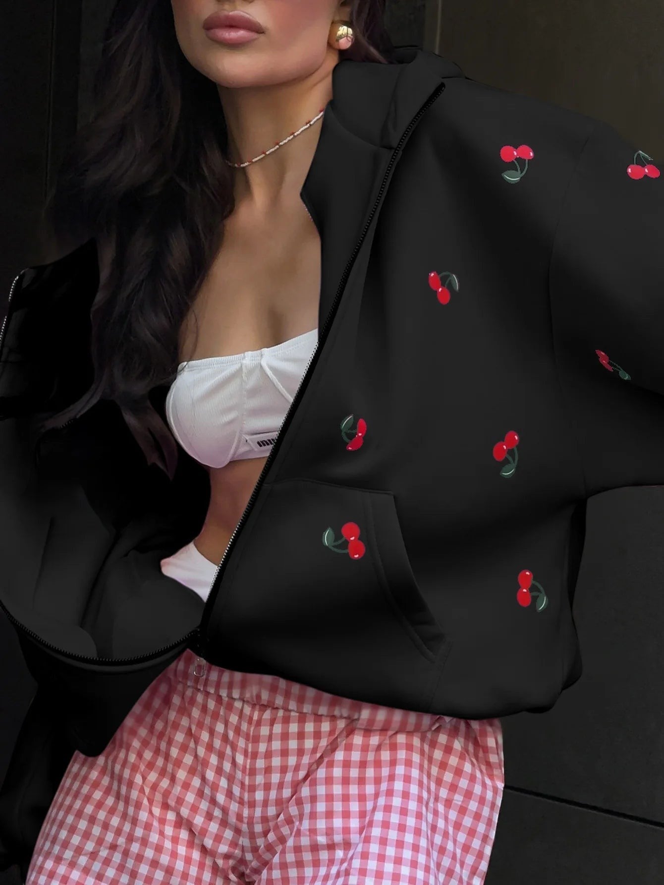 Fashion Cherry Printed Sweatshirt Women Jacket 2025 Autumn Trendy Streetwear Fashion Loose Versatile Sports Hoodie Casual Female