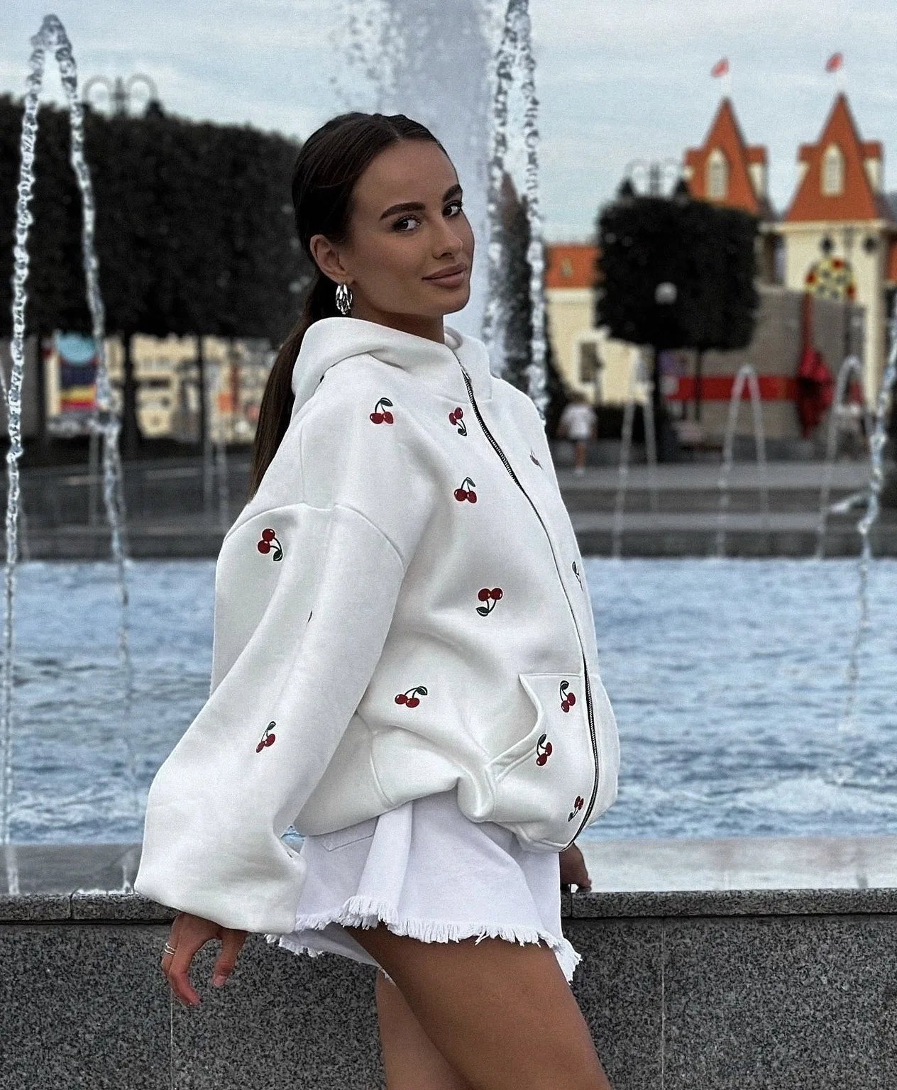 Fashion Cherry Printed Sweatshirt Women Jacket 2025 Autumn Trendy Streetwear Fashion Loose Versatile Sports Hoodie Casual Female