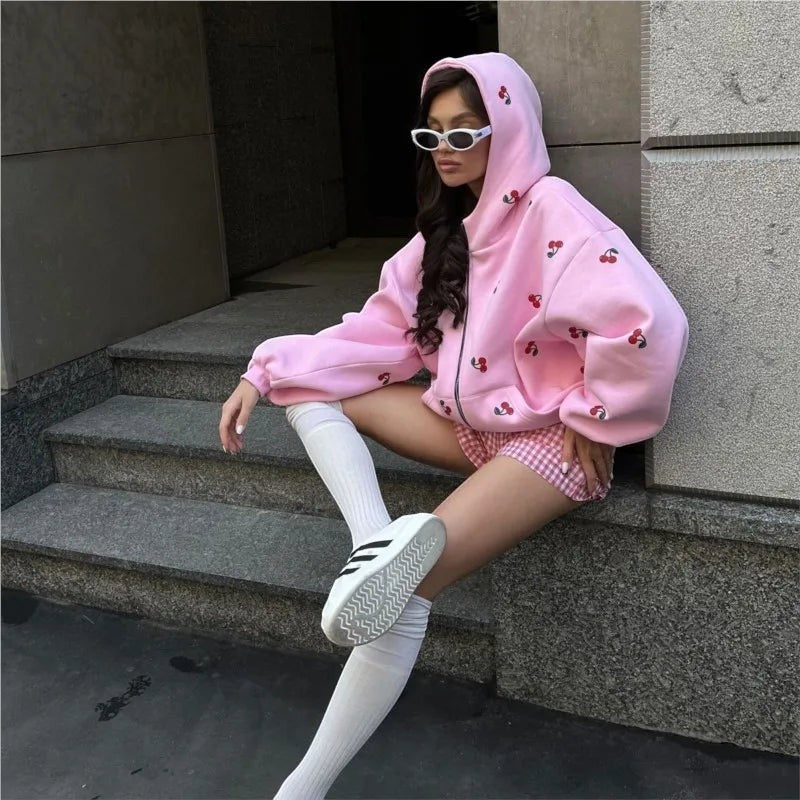 Fashion Cherry Printed Sweatshirt Women Jacket 2025 Autumn Trendy Streetwear Fashion Loose Versatile Sports Hoodie Casual Female