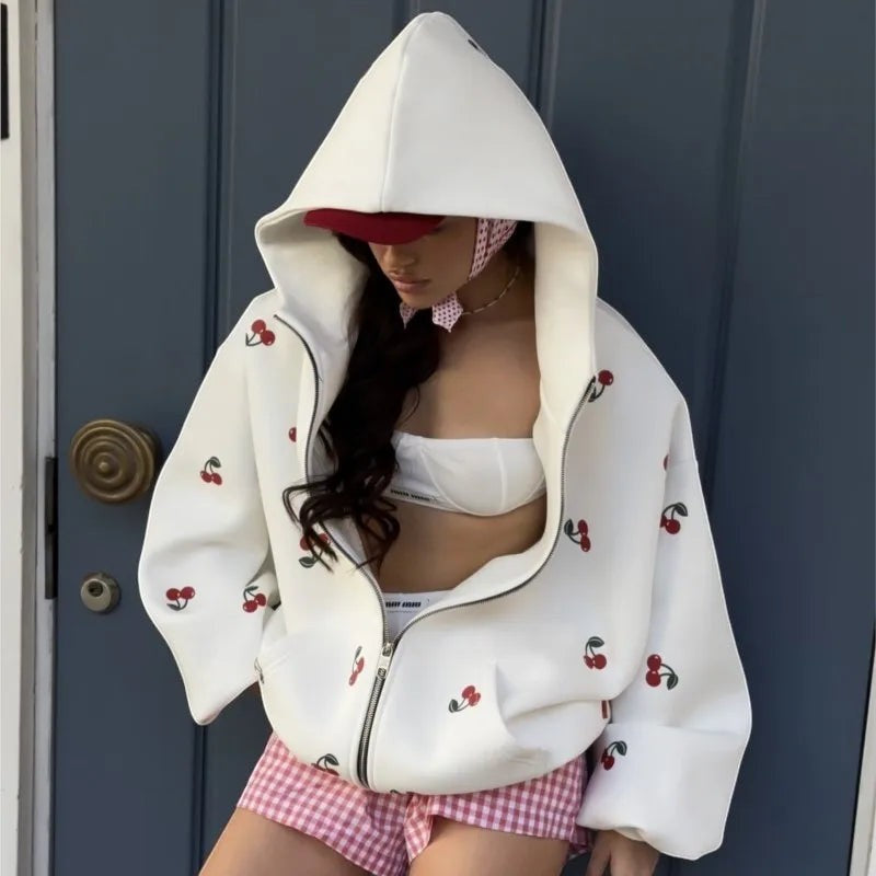 Fashion Cherry Printed Sweatshirt Women Jacket 2025 Autumn Trendy Streetwear Fashion Loose Versatile Sports Hoodie Casual Female