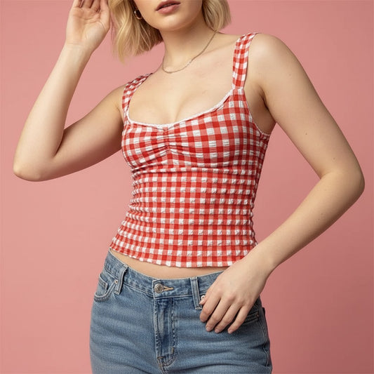 Y2K Summer Tops for Women Sweet Clothing Plaid Print Lace Trim Sleeveless T Shirts Vest 2000S Clothing Streetwear