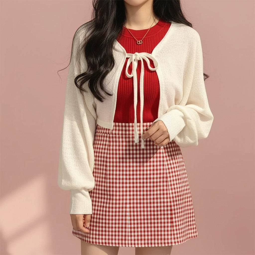 White Lace-Up Mini Knit Cardigan