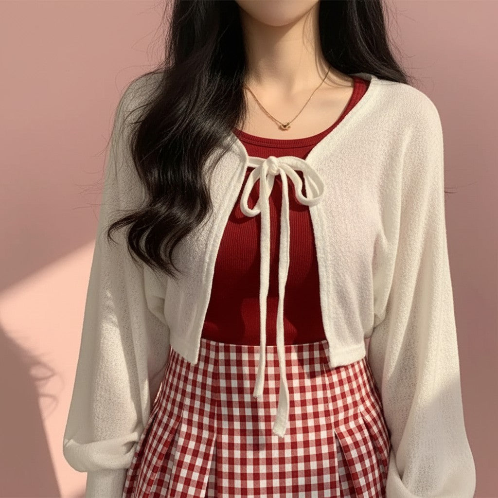 White Lace-Up Mini Knit Cardigan