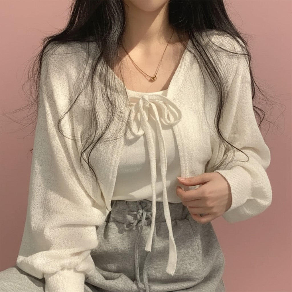 White Lace-Up Mini Knit Cardigan
