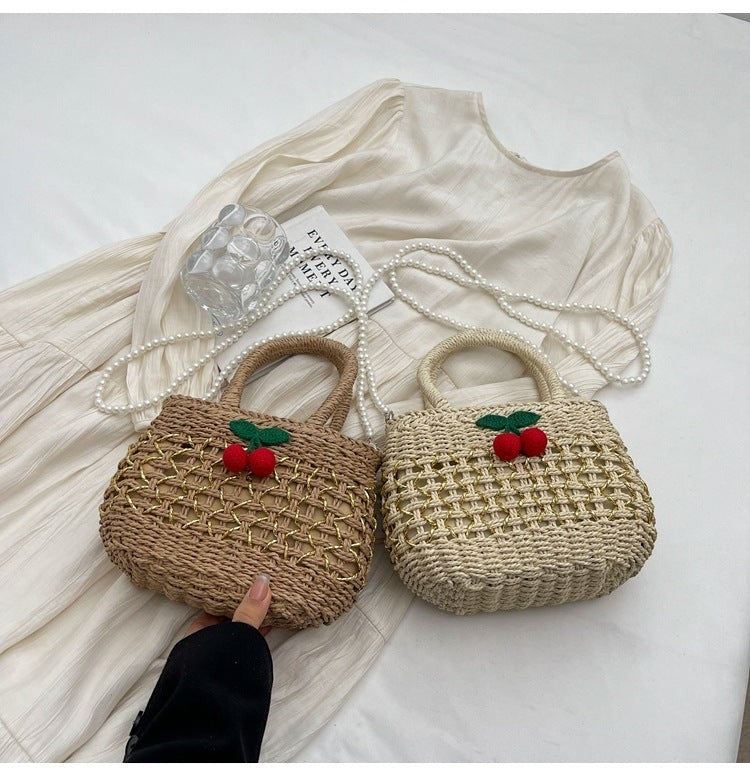 Cute Cherry Deco Shoulder Bag Small Basket Bag Funny Paper Weave Women Handbags Handmade Summer Beach Bag Mini Bali Purses