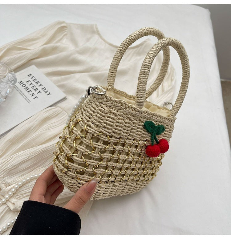 Cute Cherry Deco Shoulder Bag Small Basket Bag Funny Paper Weave Women Handbags Handmade Summer Beach Bag Mini Bali Purses