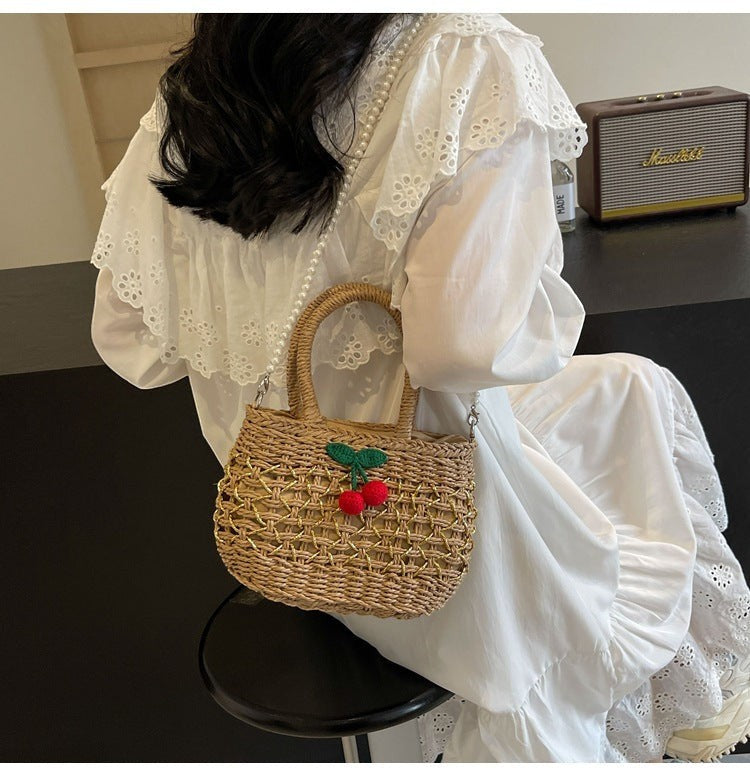 Cute Cherry Deco Shoulder Bag Small Basket Bag Funny Paper Weave Women Handbags Handmade Summer Beach Bag Mini Bali Purses