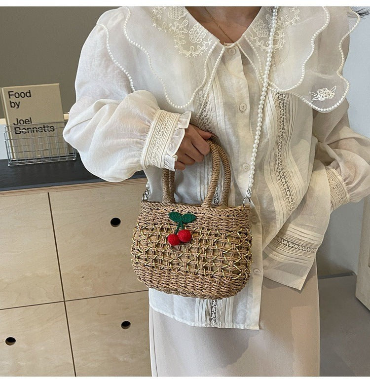 Cute Cherry Deco Shoulder Bag Small Basket Bag Funny Paper Weave Women Handbags Handmade Summer Beach Bag Mini Bali Purses