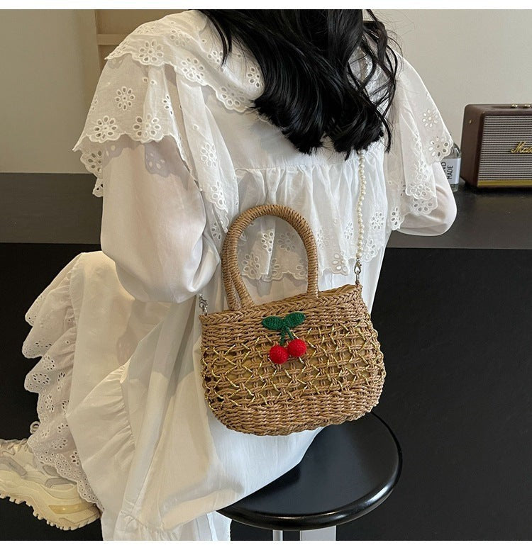 Cute Cherry Deco Shoulder Bag Small Basket Bag Funny Paper Weave Women Handbags Handmade Summer Beach Bag Mini Bali Purses