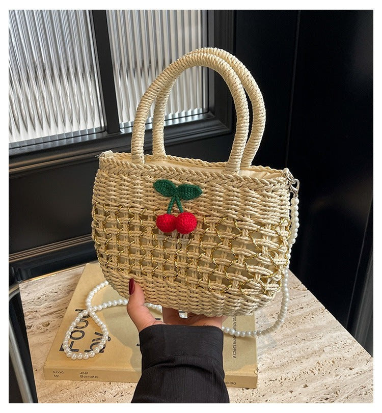 Cute Cherry Deco Shoulder Bag Small Basket Bag Funny Paper Weave Women Handbags Handmade Summer Beach Bag Mini Bali Purses