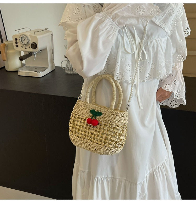 Cute Cherry Deco Shoulder Bag Small Basket Bag Funny Paper Weave Women Handbags Handmade Summer Beach Bag Mini Bali Purses