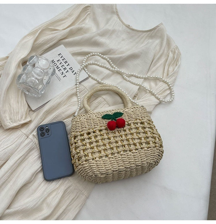 Cute Cherry Deco Shoulder Bag Small Basket Bag Funny Paper Weave Women Handbags Handmade Summer Beach Bag Mini Bali Purses