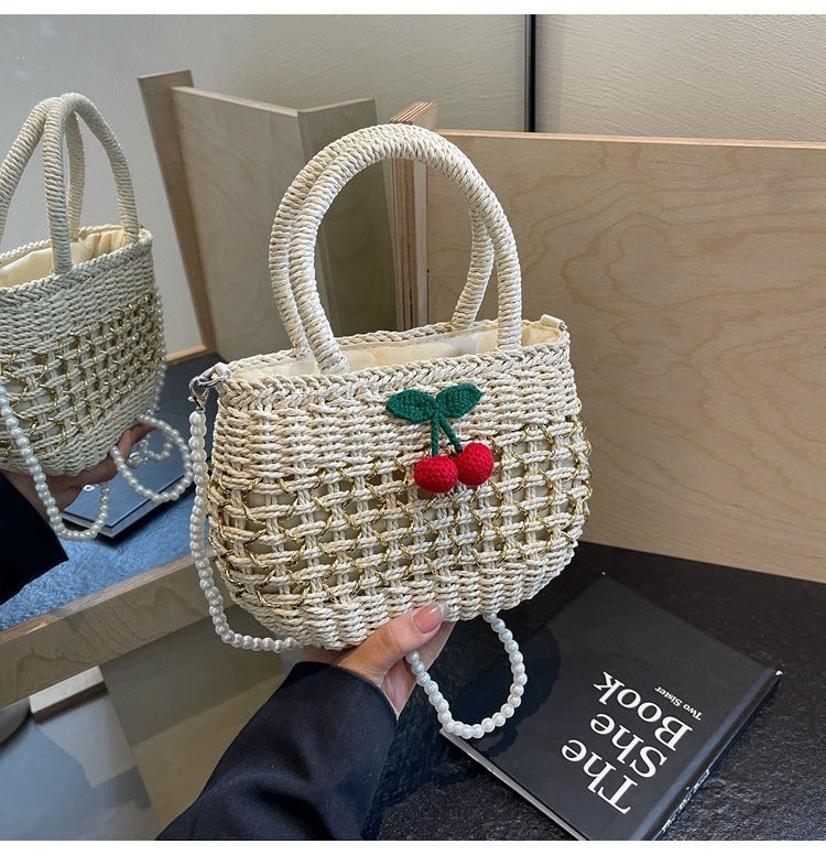 Cute Cherry Deco Shoulder Bag Small Basket Bag Funny Paper Weave Women Handbags Handmade Summer Beach Bag Mini Bali Purses