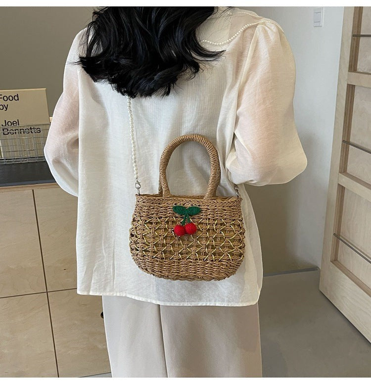 Cute Cherry Deco Shoulder Bag Small Basket Bag Funny Paper Weave Women Handbags Handmade Summer Beach Bag Mini Bali Purses
