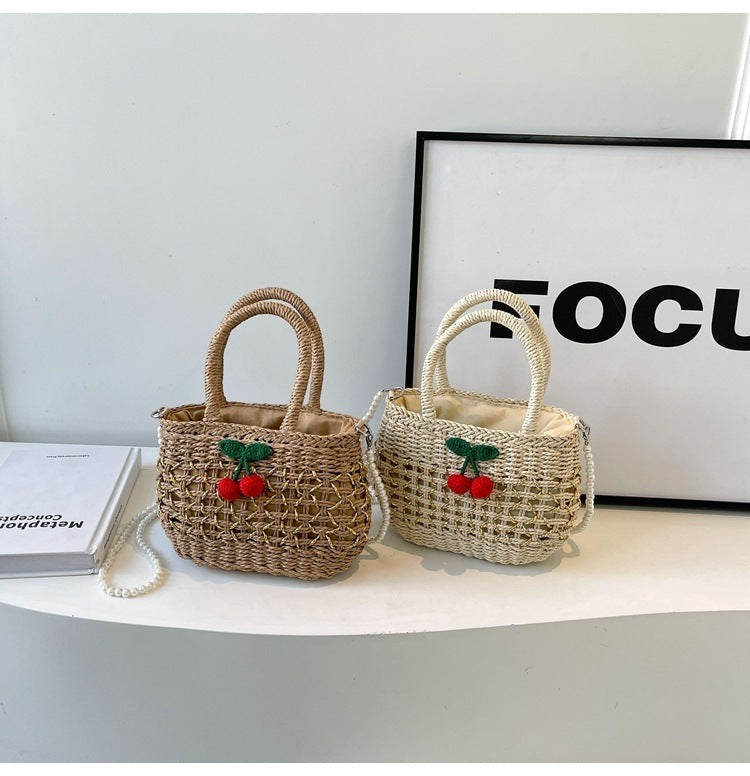 Cute Cherry Deco Shoulder Bag Small Basket Bag Funny Paper Weave Women Handbags Handmade Summer Beach Bag Mini Bali Purses