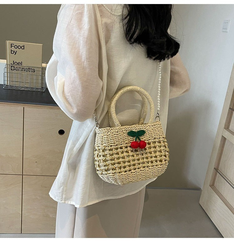 Cute Cherry Deco Shoulder Bag Small Basket Bag Funny Paper Weave Women Handbags Handmade Summer Beach Bag Mini Bali Purses