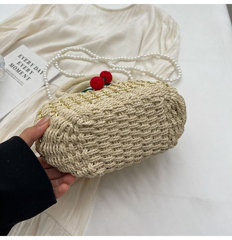 Cute Cherry Deco Shoulder Bag Small Basket Bag Funny Paper Weave Women Handbags Handmade Summer Beach Bag Mini Bali Purses