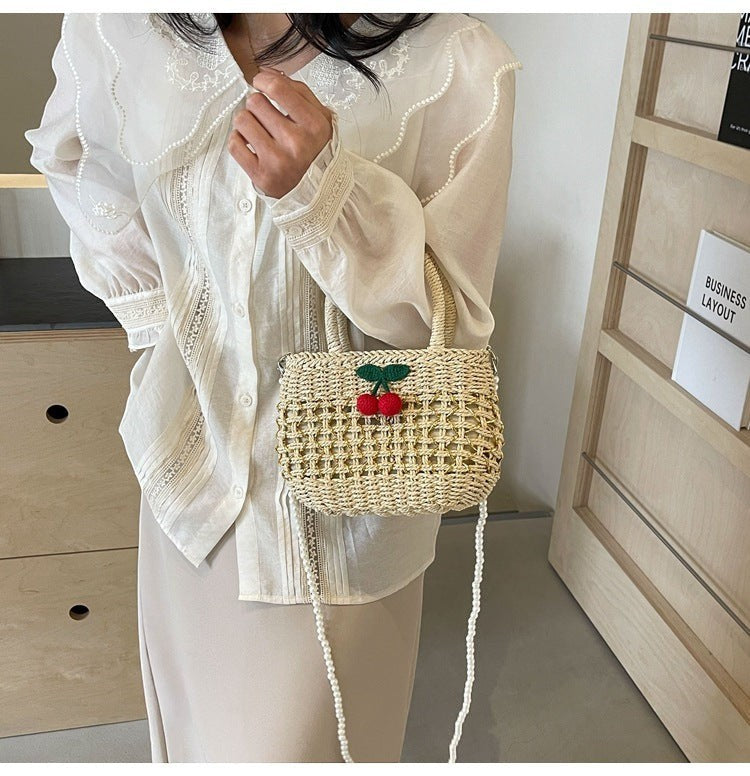 Cute Cherry Deco Shoulder Bag Small Basket Bag Funny Paper Weave Women Handbags Handmade Summer Beach Bag Mini Bali Purses