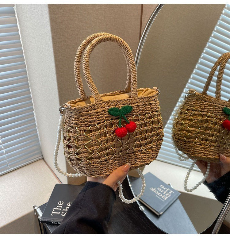 Cute Cherry Deco Shoulder Bag Small Basket Bag Funny Paper Weave Women Handbags Handmade Summer Beach Bag Mini Bali Purses
