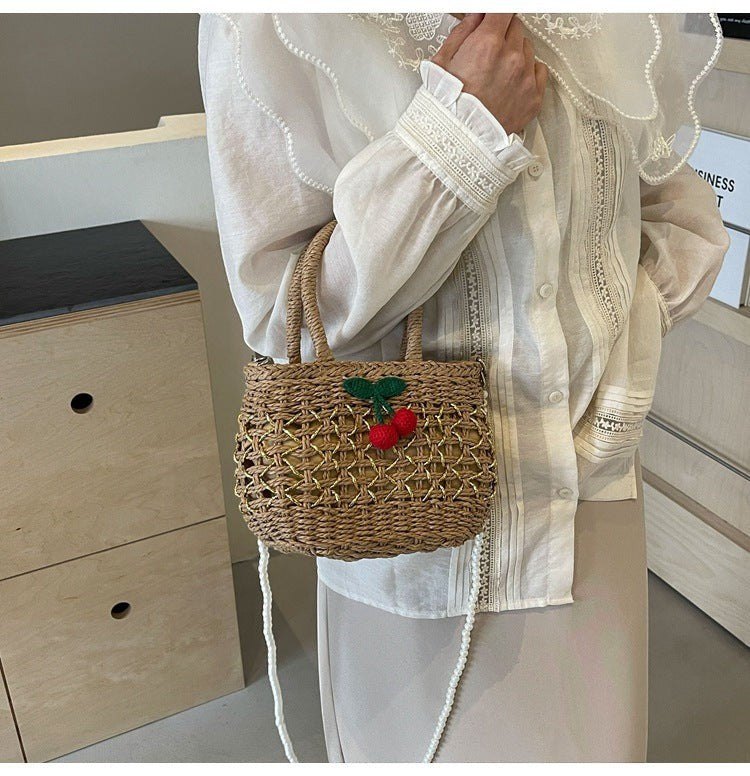 Cute Cherry Deco Shoulder Bag Small Basket Bag Funny Paper Weave Women Handbags Handmade Summer Beach Bag Mini Bali Purses