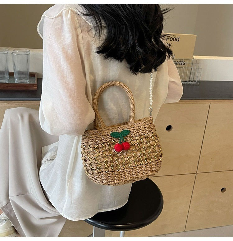 Cute Cherry Deco Shoulder Bag Small Basket Bag Funny Paper Weave Women Handbags Handmade Summer Beach Bag Mini Bali Purses