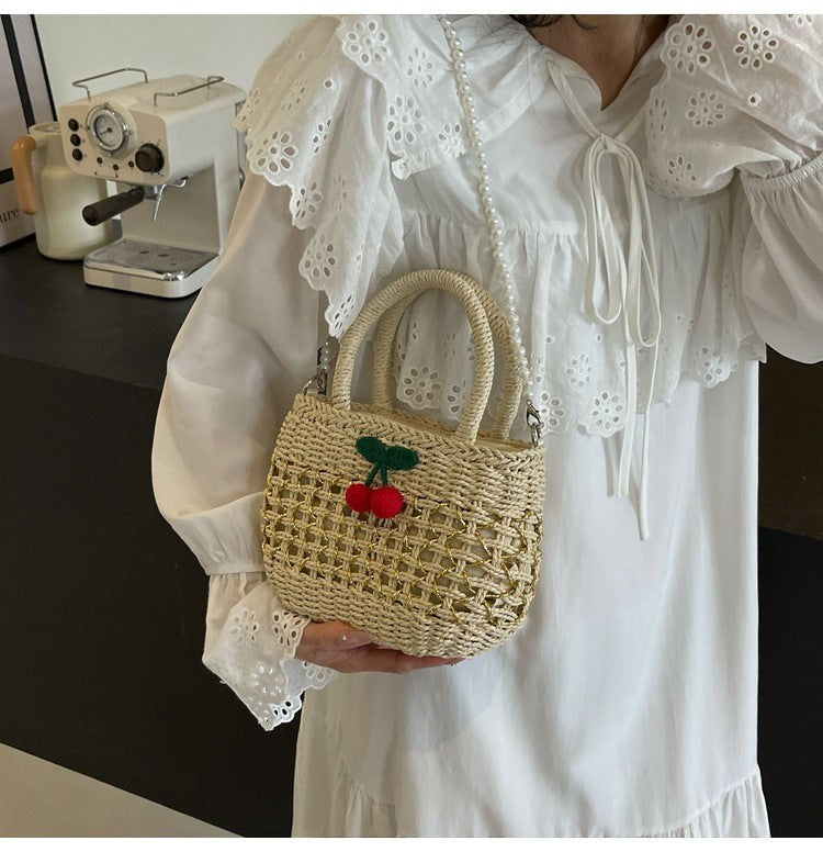 Cute Cherry Deco Shoulder Bag Small Basket Bag Funny Paper Weave Women Handbags Handmade Summer Beach Bag Mini Bali Purses