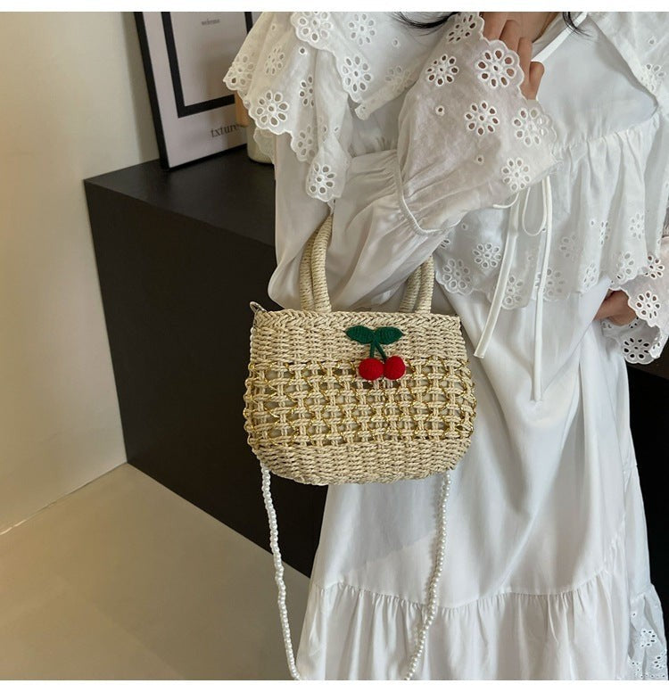 Cute Cherry Deco Shoulder Bag Small Basket Bag Funny Paper Weave Women Handbags Handmade Summer Beach Bag Mini Bali Purses
