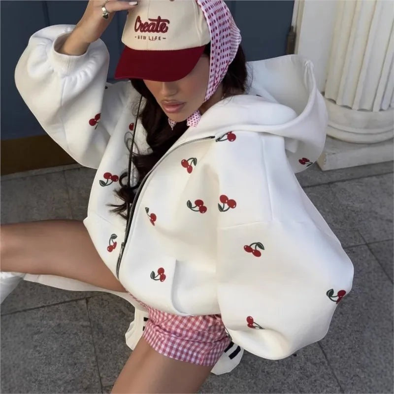 Fashion Cherry Printed Sweatshirt Women Jacket 2025 Autumn Trendy Streetwear Fashion Loose Versatile Sports Hoodie Casual Female