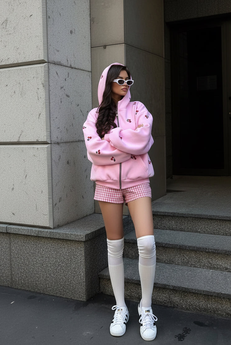 Fashion Cherry Printed Sweatshirt Women Jacket 2025 Autumn Trendy Streetwear Fashion Loose Versatile Sports Hoodie Casual Female