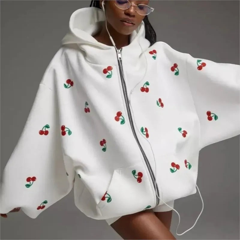 Fashion Cherry Printed Sweatshirt Women Jacket 2025 Autumn Trendy Streetwear Fashion Loose Versatile Sports Hoodie Casual Female