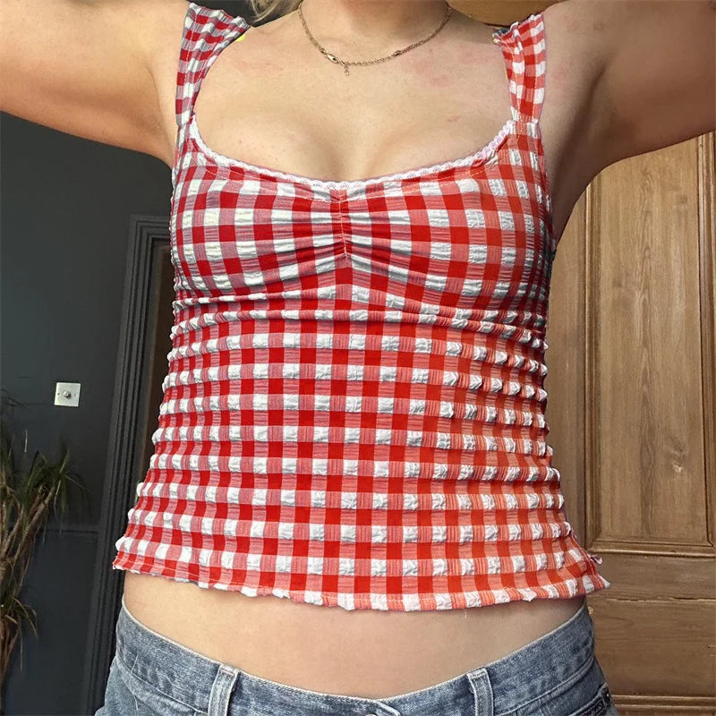 Y2K Summer Tops for Women Sweet Clothing Plaid Print Lace Trim Sleeveless T Shirts Vest 2000S Clothing Streetwear