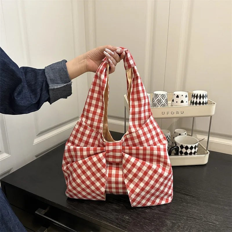 Retro Bow Plaid Women'S Shoulder Bags Simple Commuter Ladies Underarm Vest Bag Casual Portable Female Shopping Handbags Tote