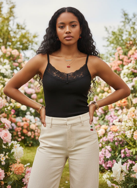 Jelly Studio black cotton ribbed camisole tank top with lace trim and spaghetti straps.