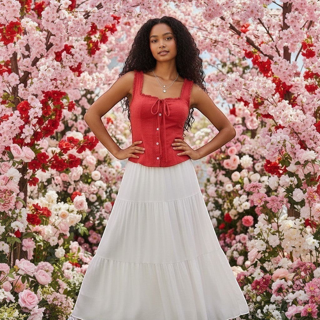 Jelly Studio Cherry Darling Corset Tank in red with tie front and square neckline, paired with a white pleated skirt.