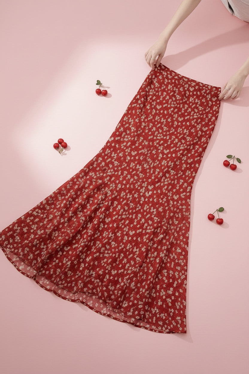 Jelly Studio Cherry Crush Midi Skirt, a red floral print chiffon skirt with a flared hem.