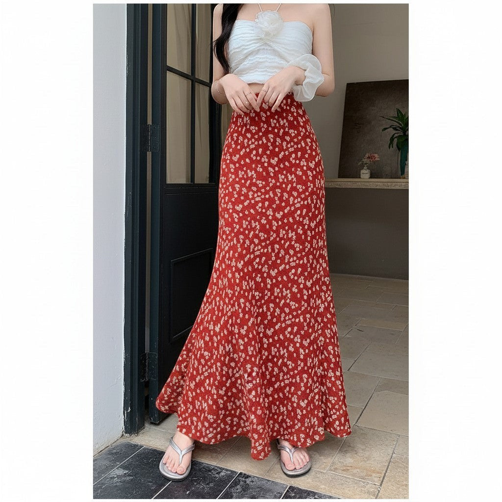 Jelly Studio Cherry Crush Midi Skirt, a red floral print skirt with a flattering A-line cut and flowy hem.