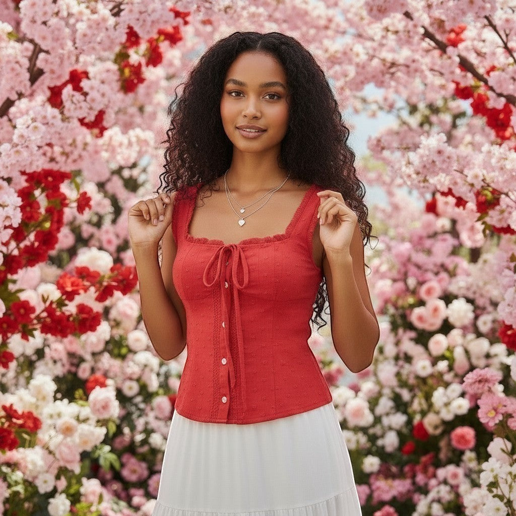 Jelly Studio Cherry Darling Corset Tank in red, a square-neck lace-trim top with tie front and button details.