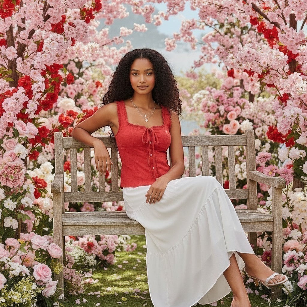 Jelly Studio Cherry Darling Corset Tank in red, a square-neck sleeveless top with tie front and eyelet details, worn by a model against a floral backdrop.