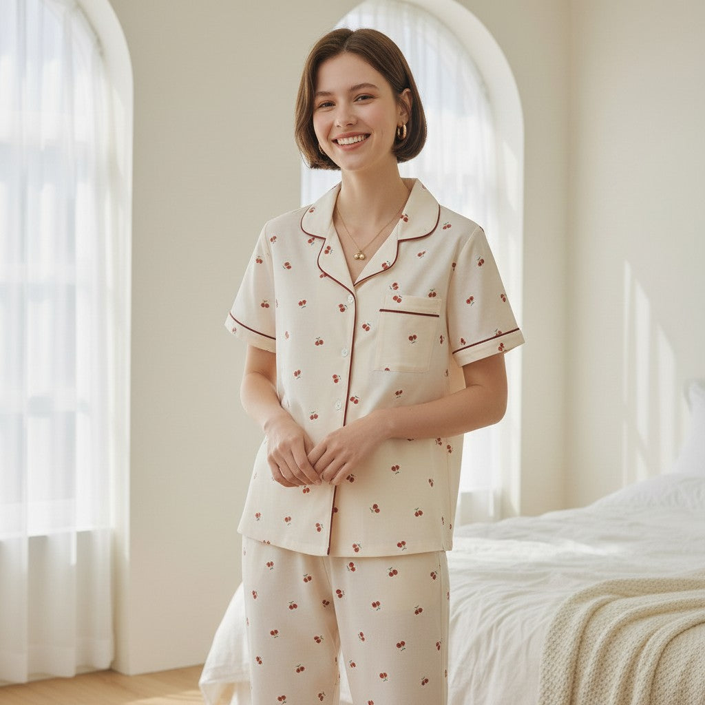 Jelly Studio cream lounge set with cherry print and burgundy trim. Relaxed fit, short-sleeve button-up top and pants.