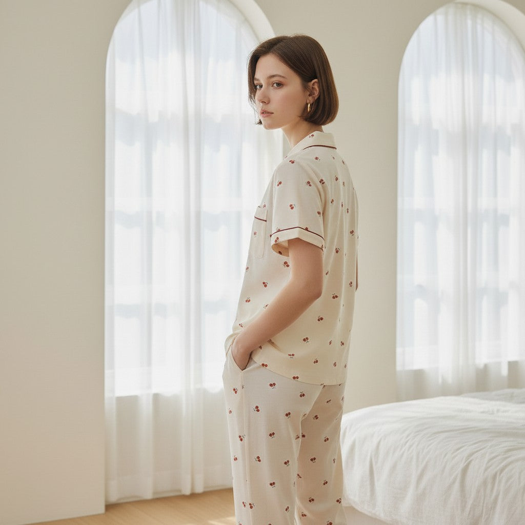 Jelly Studio cream lounge set with cherry print and burgundy trim. Relaxed fit, short-sleeve button-up top and pants.