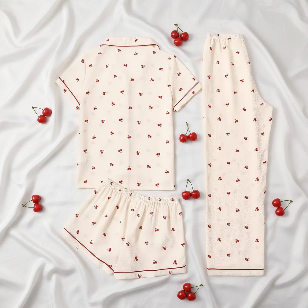 Jelly Studio cream lounge set with red cherry print and contrast piping. Includes short-sleeve top, shorts, and pants.