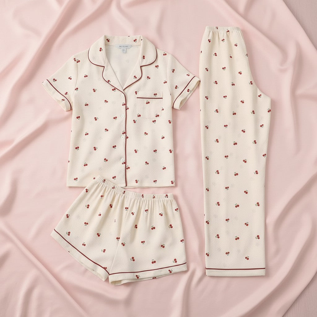 Jelly Studio cream lounge set with cherry print, featuring a short-sleeve button-up top, shorts, and pants with burgundy trim.