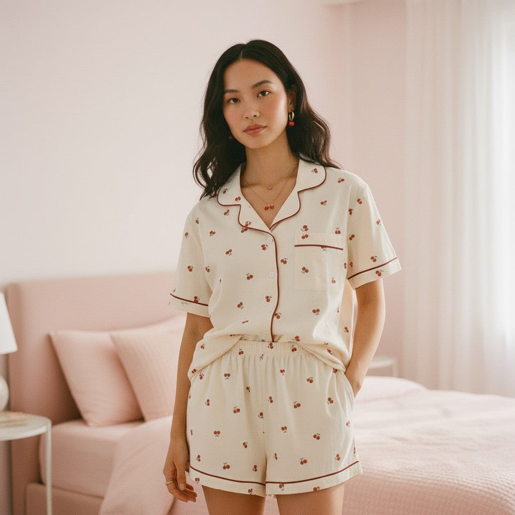 Jelly Studio cream lounge shorts with cherry print and burgundy trim. Relaxed fit with elastic waistband.