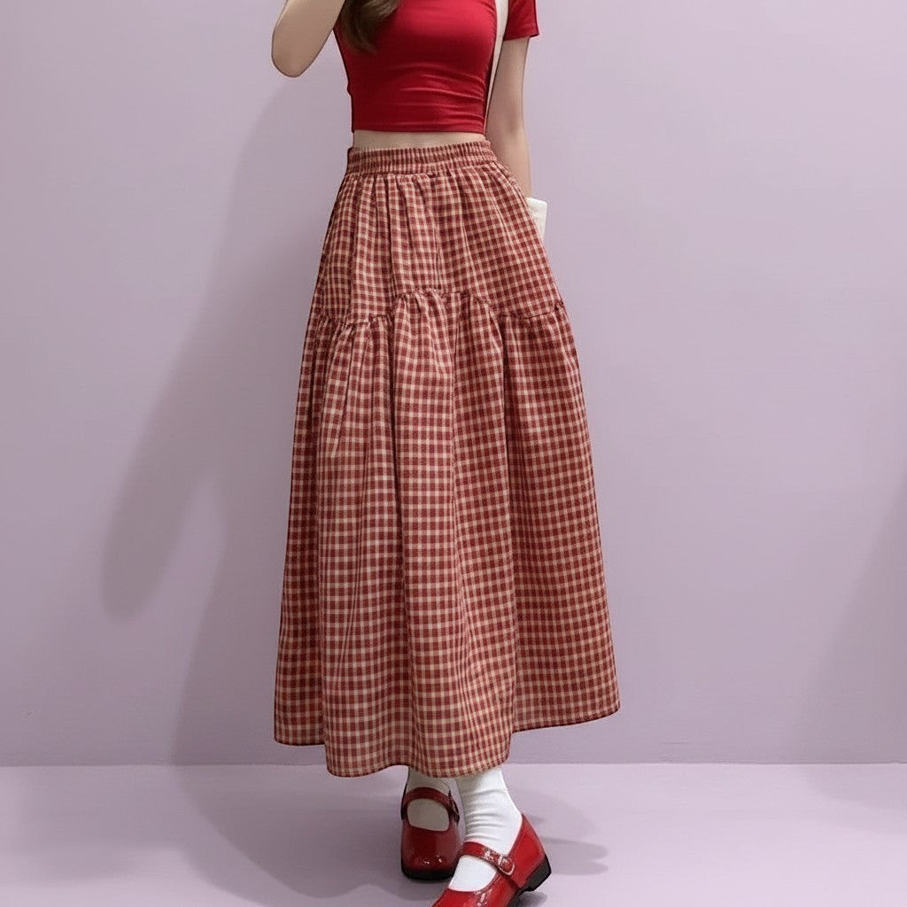 Jelly Studio red and cream gingham tiered midi skirt with a high waist and flowy silhouette.