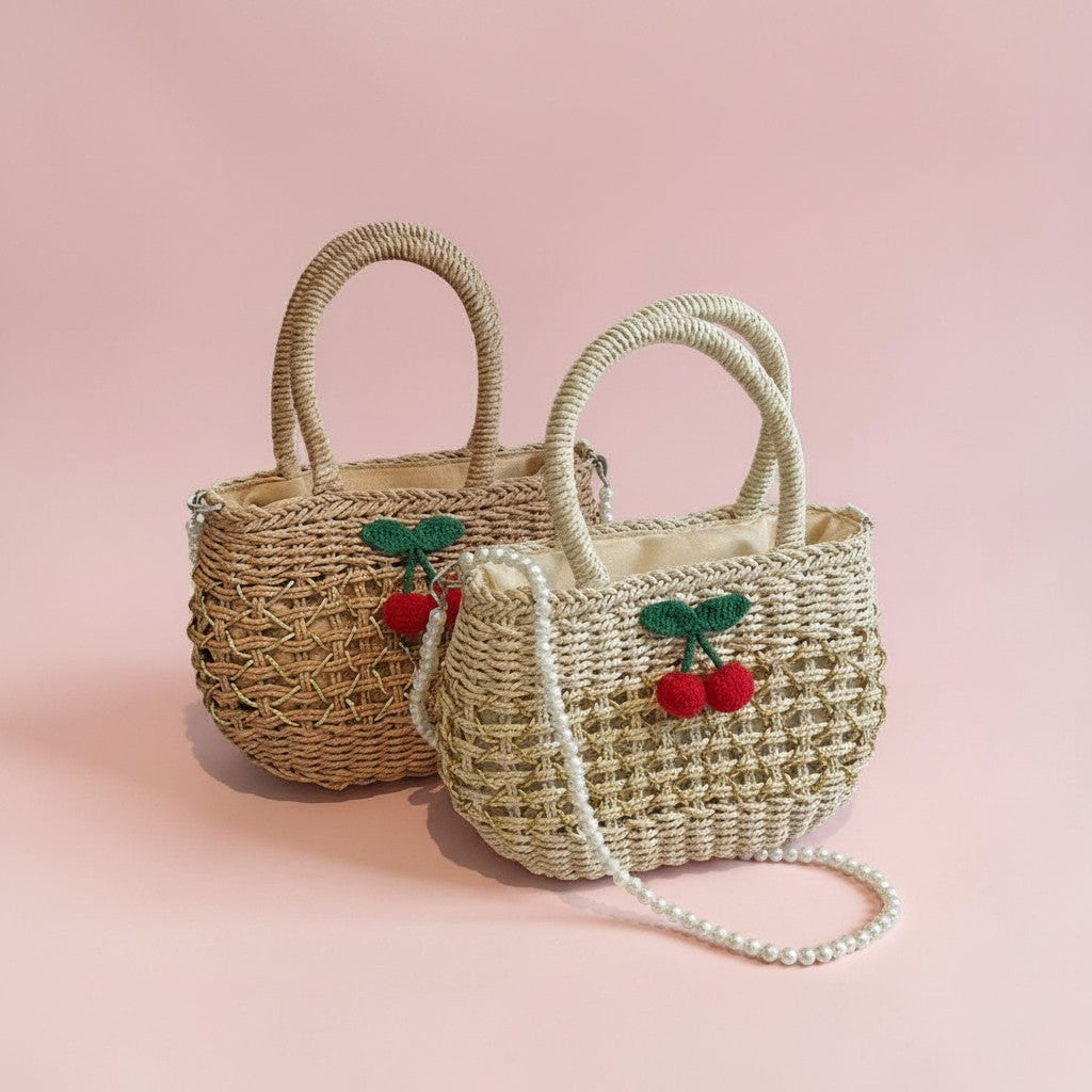 Jelly Studio woven straw picnic basket with cherry charm and pearl strap. Beige and tan.