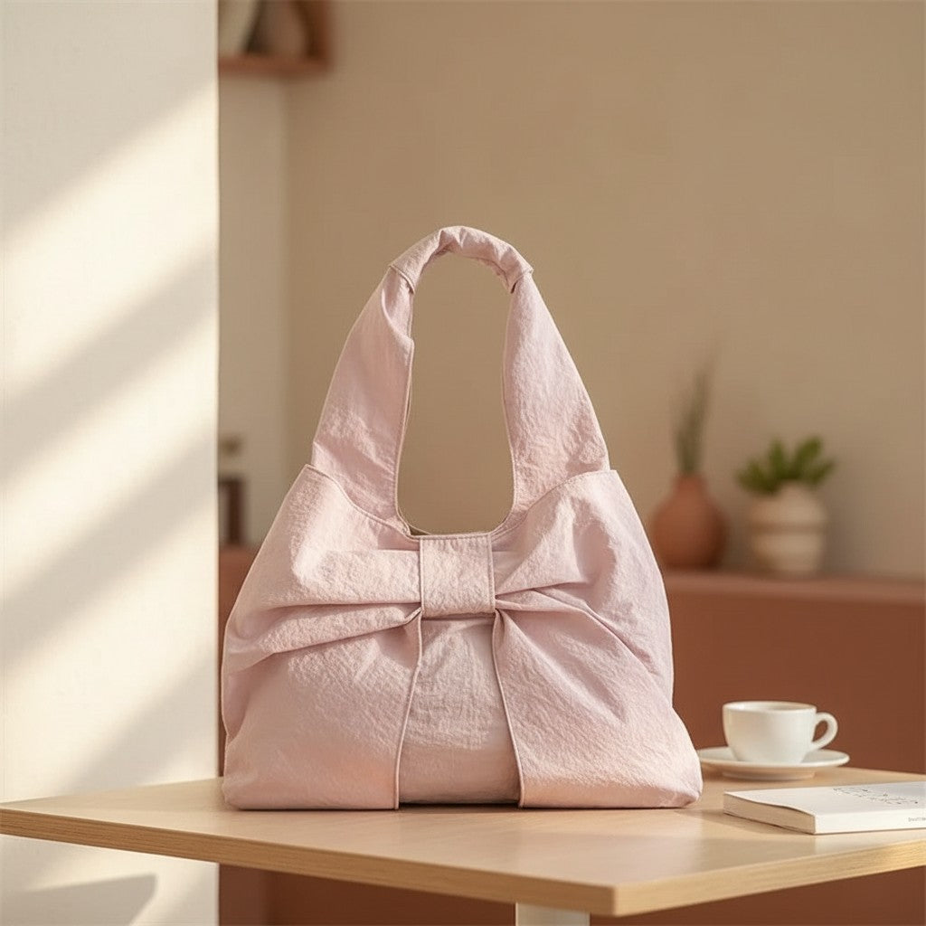 Jelly Studio pink nylon slouchy tote bag with a large bow detail on the front. Casual style.