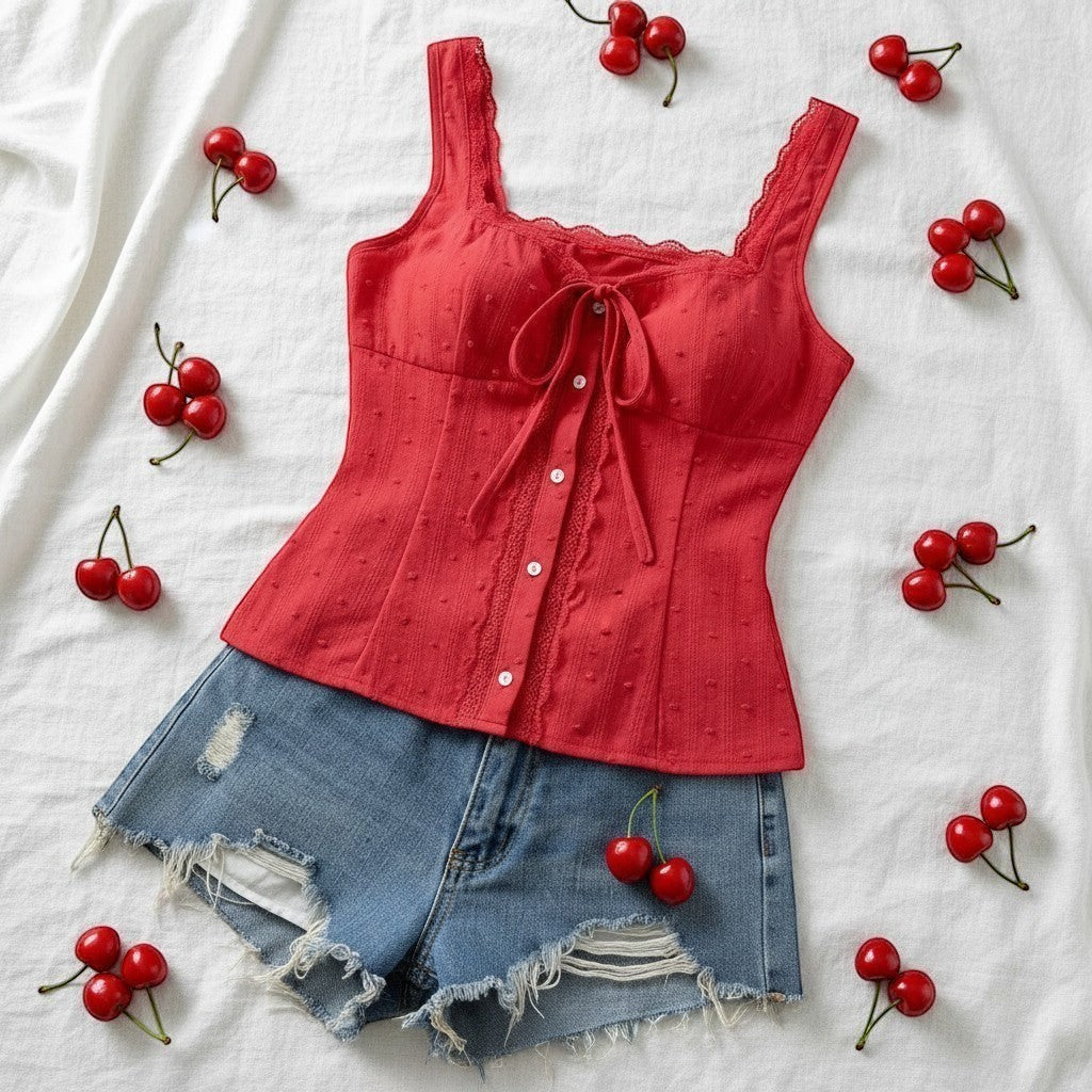 Jelly Studio red sweetheart neckline corset tank top with tie front and button detail, textured fabric.